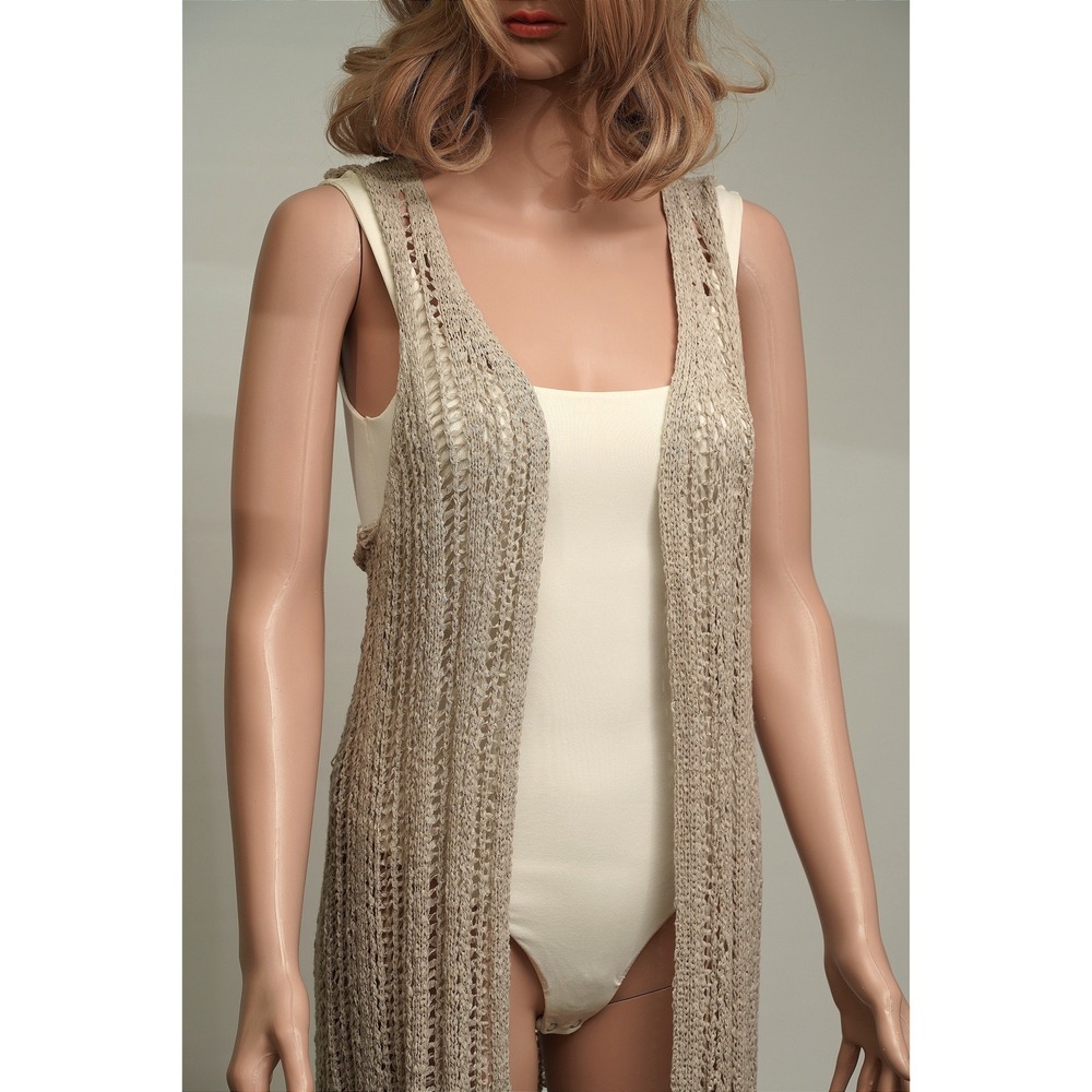 Bethany Mota Tan Open Knit Fringe Duster Vest Womens Medium Boho Festival Layer